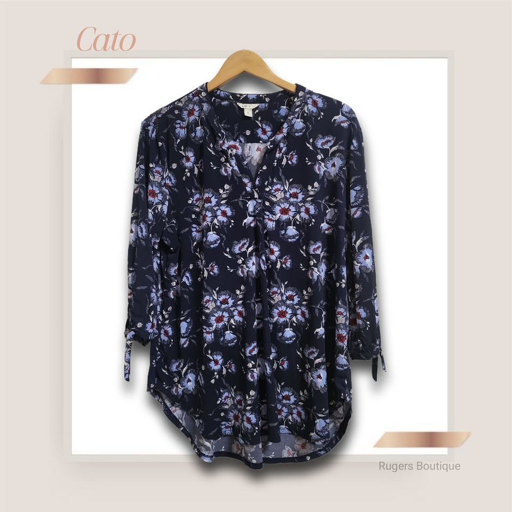 🌿Cato Women's XL Blue Floral Print Tunic Style Peasant Style High Low Cut - Picture 3 of 11